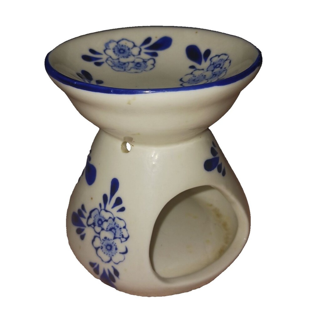 Vintage Blue Glaze Pottery Tealight Candle Warmer Wax Oil Delft Style Blue White